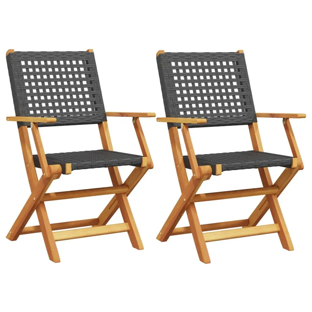 Foldable Outdoor Garden Chairs Black Wood Rattan Set of 2