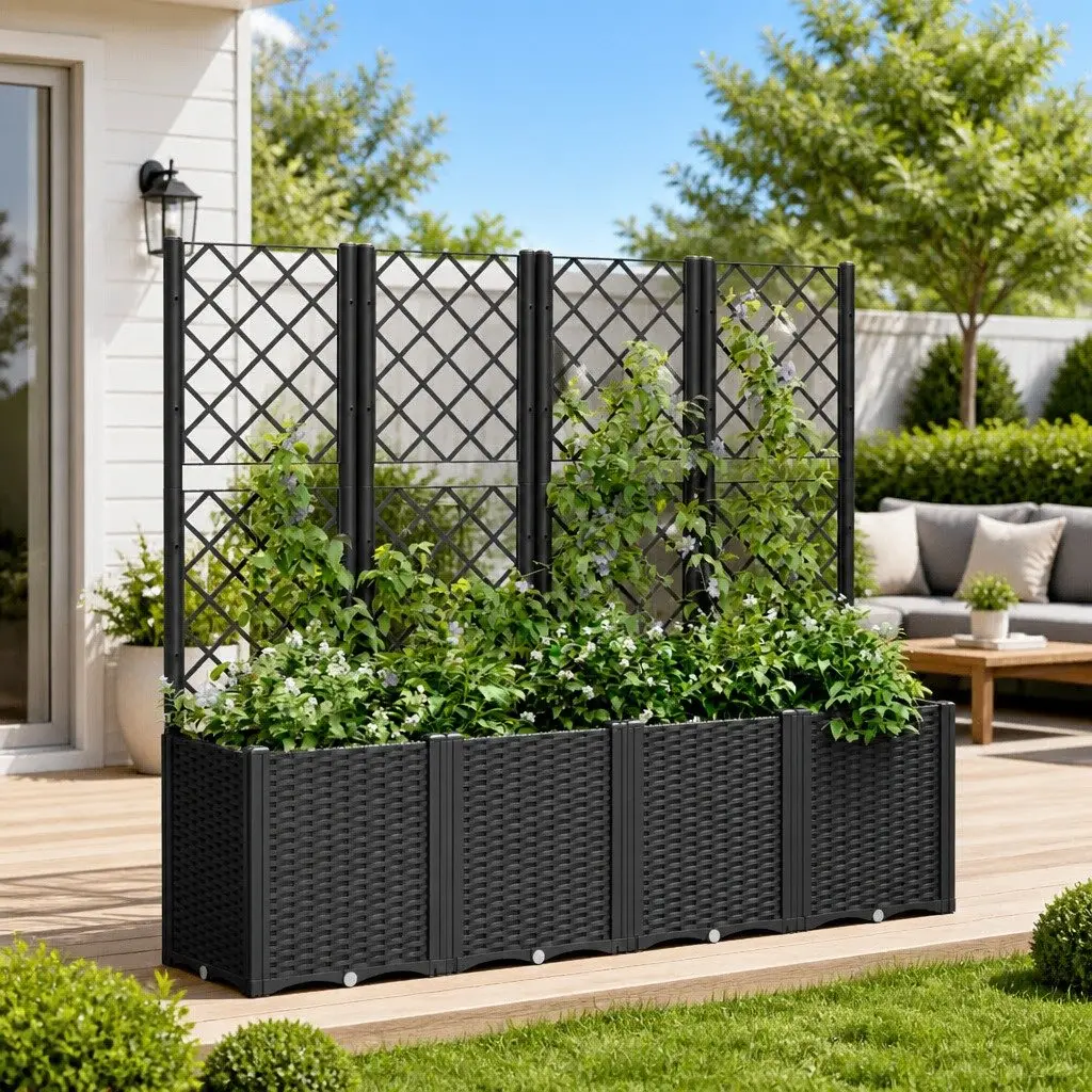 Garden Planter Black 160x40x140cm Integrated Trellis Climbing Plant Support
