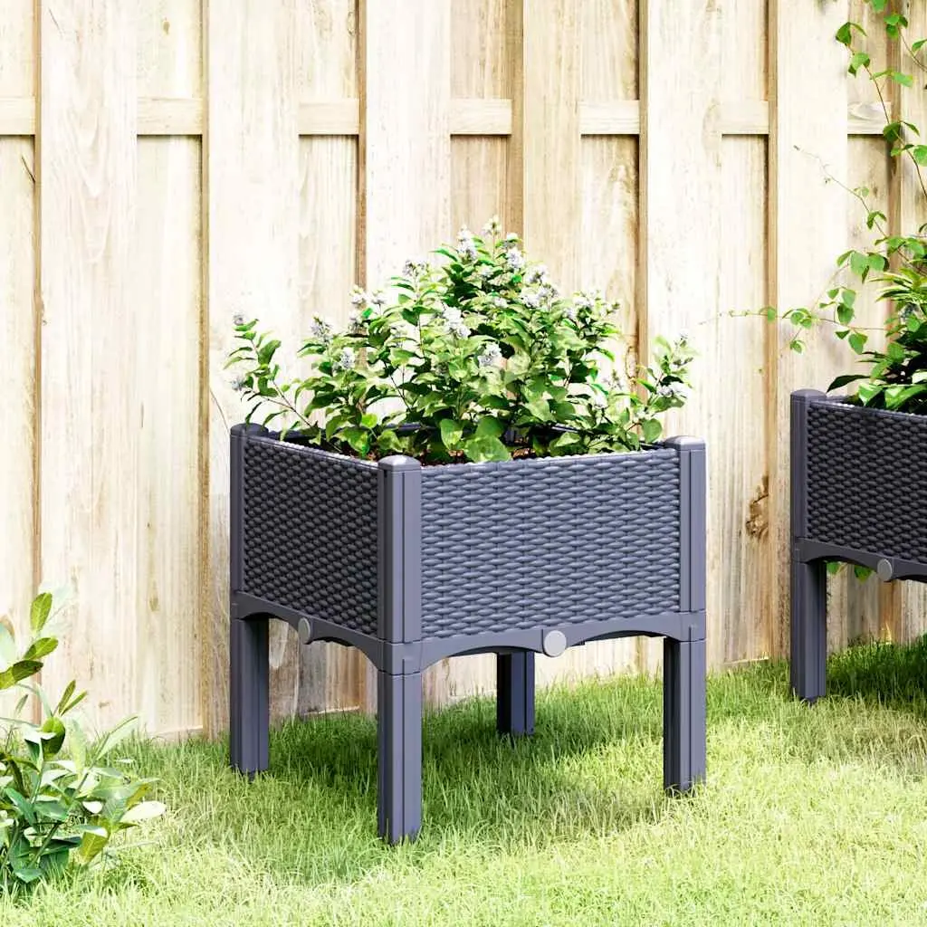 Garden Planter Box with Legs Grey Rattan Look Outdoor Patio Raised Plant Pot