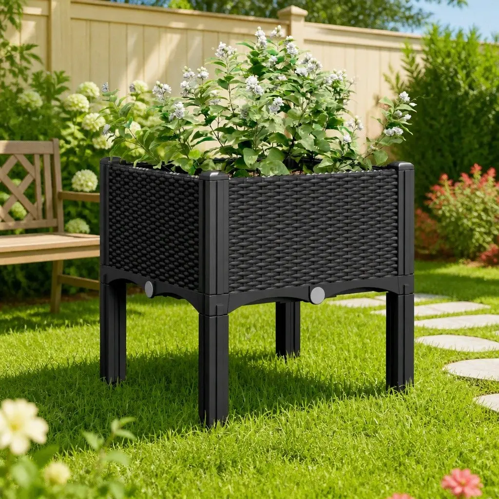 Garden Planter Box with Legs Black 40x40x42cm Outdoor Patio Elevated Rattan