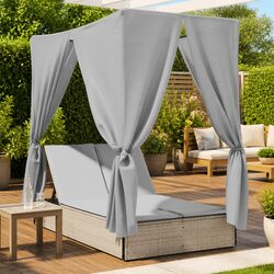 Double Sun Lounger with Roof Curtains Adjustable Backrest Outdoor Seating