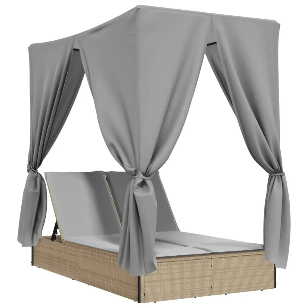 Double Sun Lounger with Roof Curtains Adjustable Backrest Outdoor Seating