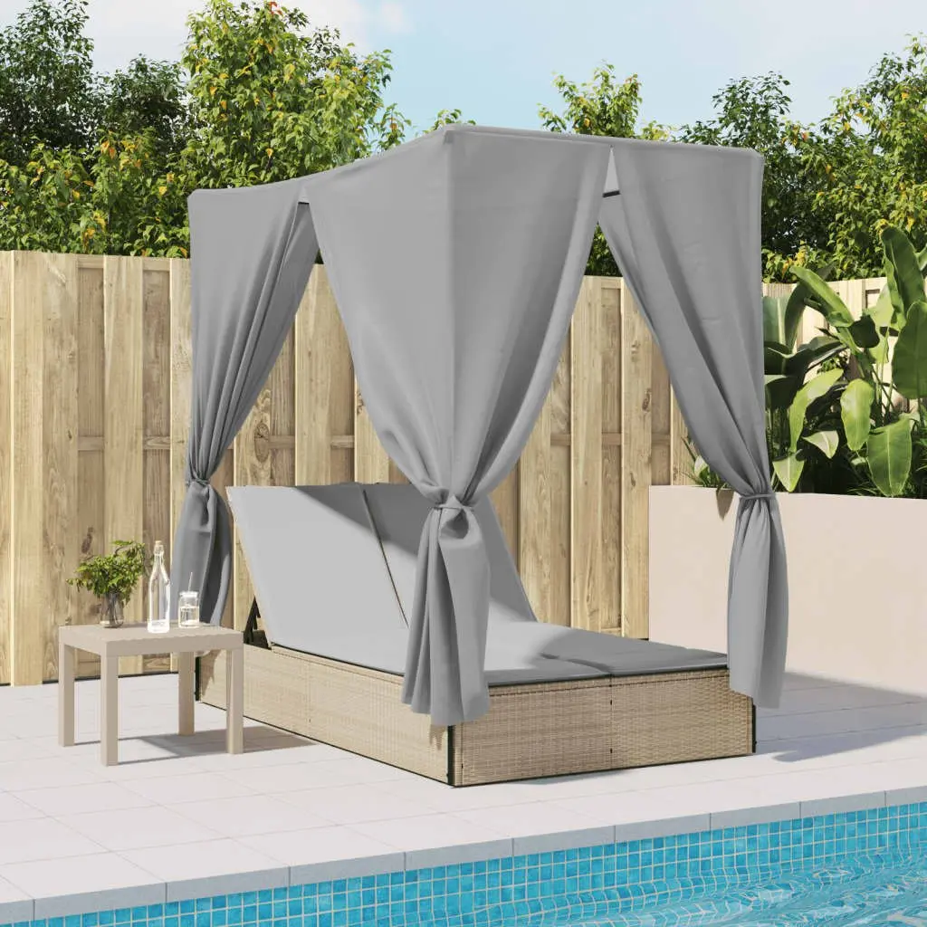 Double Sun Lounger with Roof Curtains Adjustable Backrest Outdoor Seating
