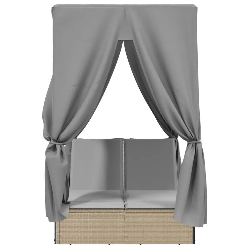 Double Sun Lounger with Roof Curtains Adjustable Backrest Outdoor Seating