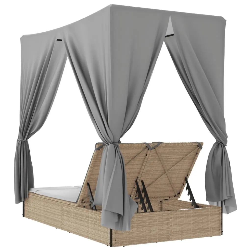 Double Sun Lounger with Roof Curtains Adjustable Backrest Outdoor Seating