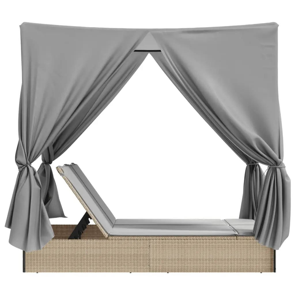 Double Sun Lounger with Roof Curtains Adjustable Backrest Outdoor Seating