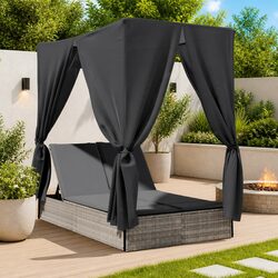 Double Sun Lounger Outdoor Furniture with Adjustable Backrest Roof Curtains Grey