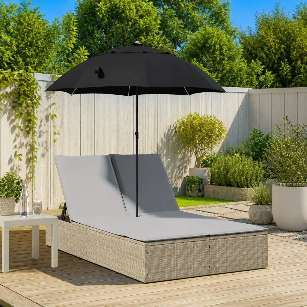 Double Sun Lounger Beige Outdoor Seating PE Rattan Adjustable Backrest Parasol