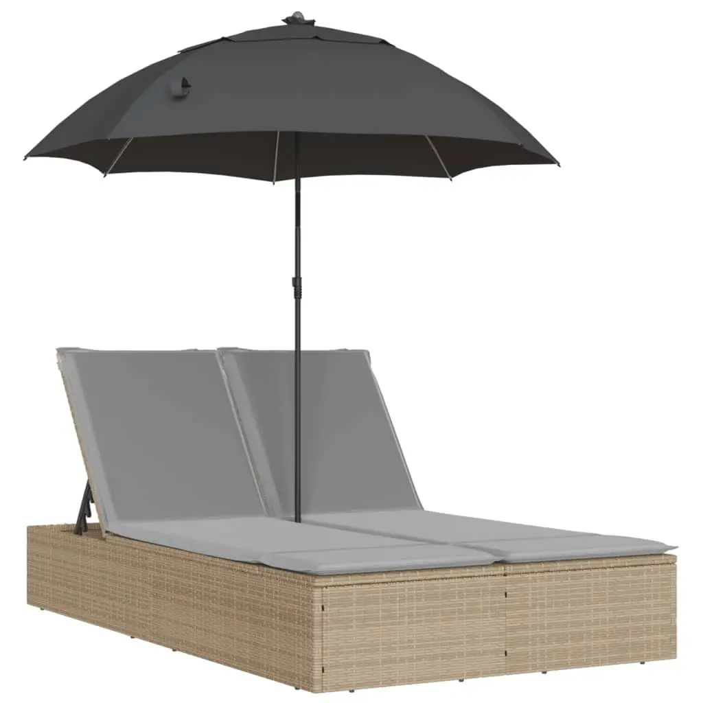 Double Sun Lounger Beige Outdoor Seating PE Rattan Adjustable Backrest Parasol