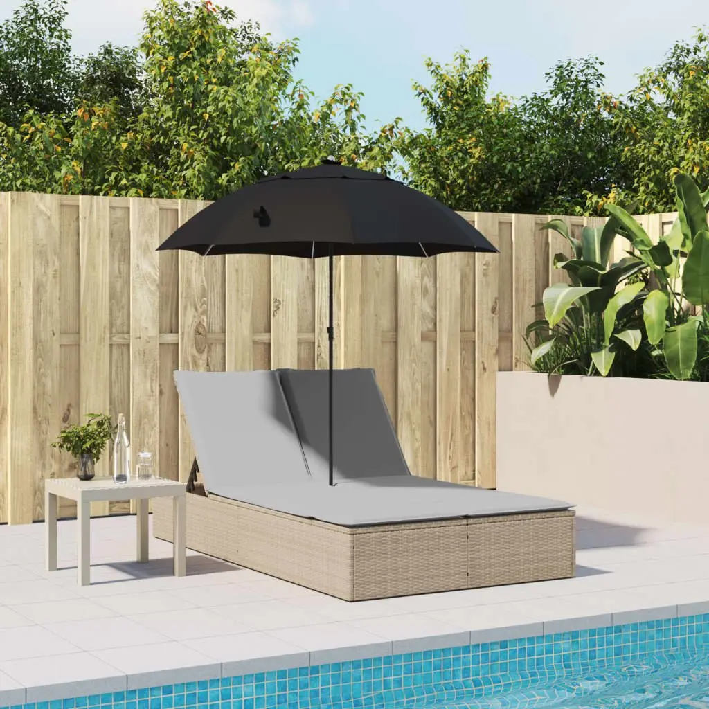 Double Sun Lounger Beige Outdoor Seating PE Rattan Adjustable Backrest Parasol