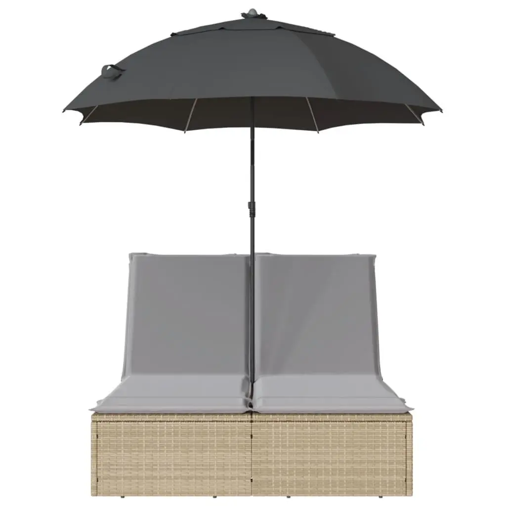 Double Sun Lounger Beige Outdoor Seating PE Rattan Adjustable Backrest Parasol