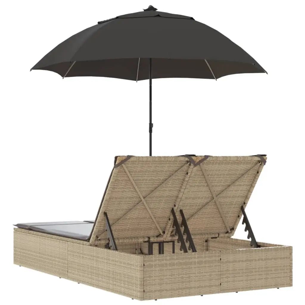 Double Sun Lounger Beige Outdoor Seating PE Rattan Adjustable Backrest Parasol