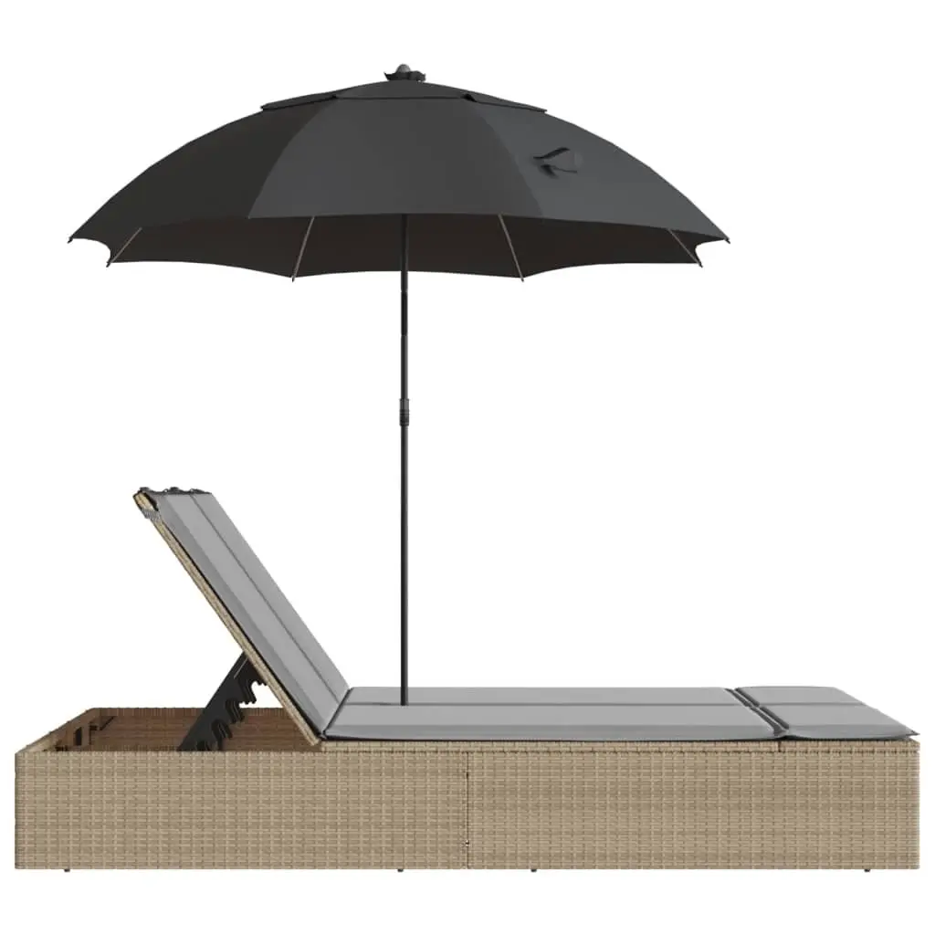 Double Sun Lounger Beige Outdoor Seating PE Rattan Adjustable Backrest Parasol