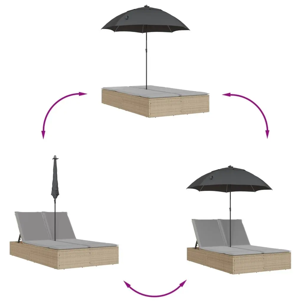 Double Sun Lounger Beige Outdoor Seating PE Rattan Adjustable Backrest Parasol