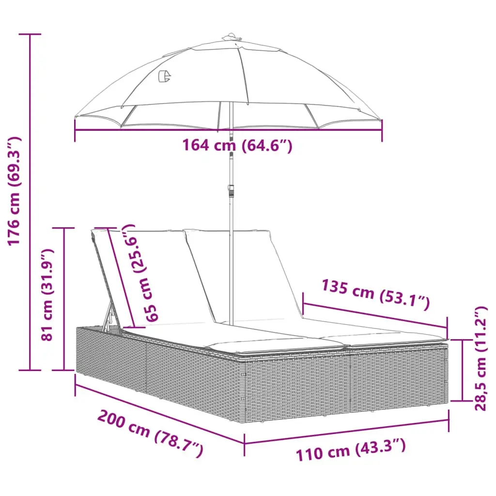 Double Sun Lounger Beige Outdoor Seating PE Rattan Adjustable Backrest Parasol