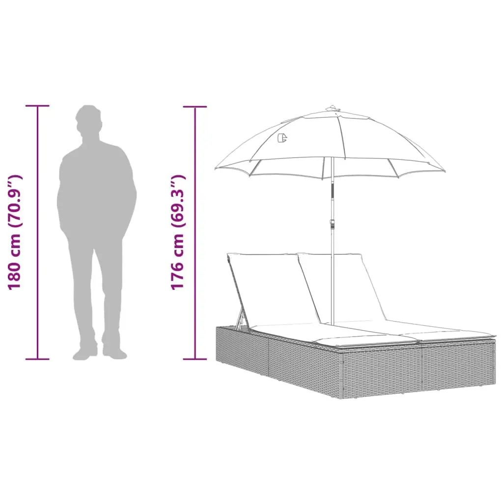 Double Sun Lounger Beige Outdoor Seating PE Rattan Adjustable Backrest Parasol