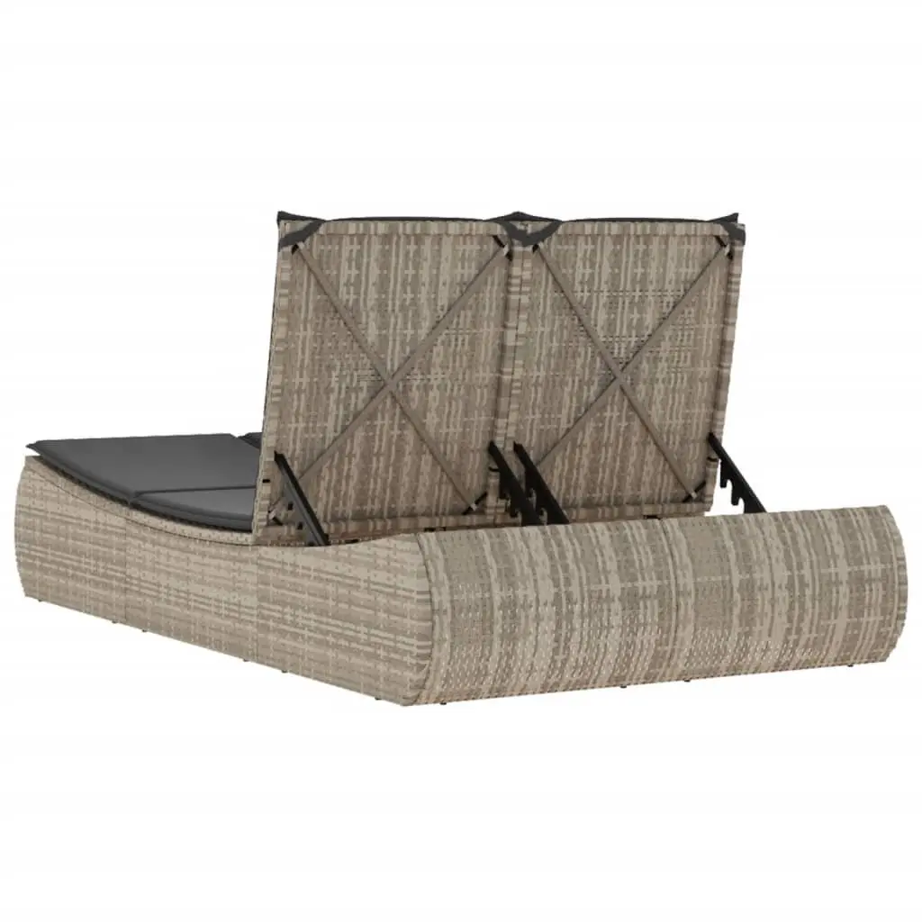 Double Sun Lounger Grey Poly Rattan Outdoor Furniture Adjustable Backrest