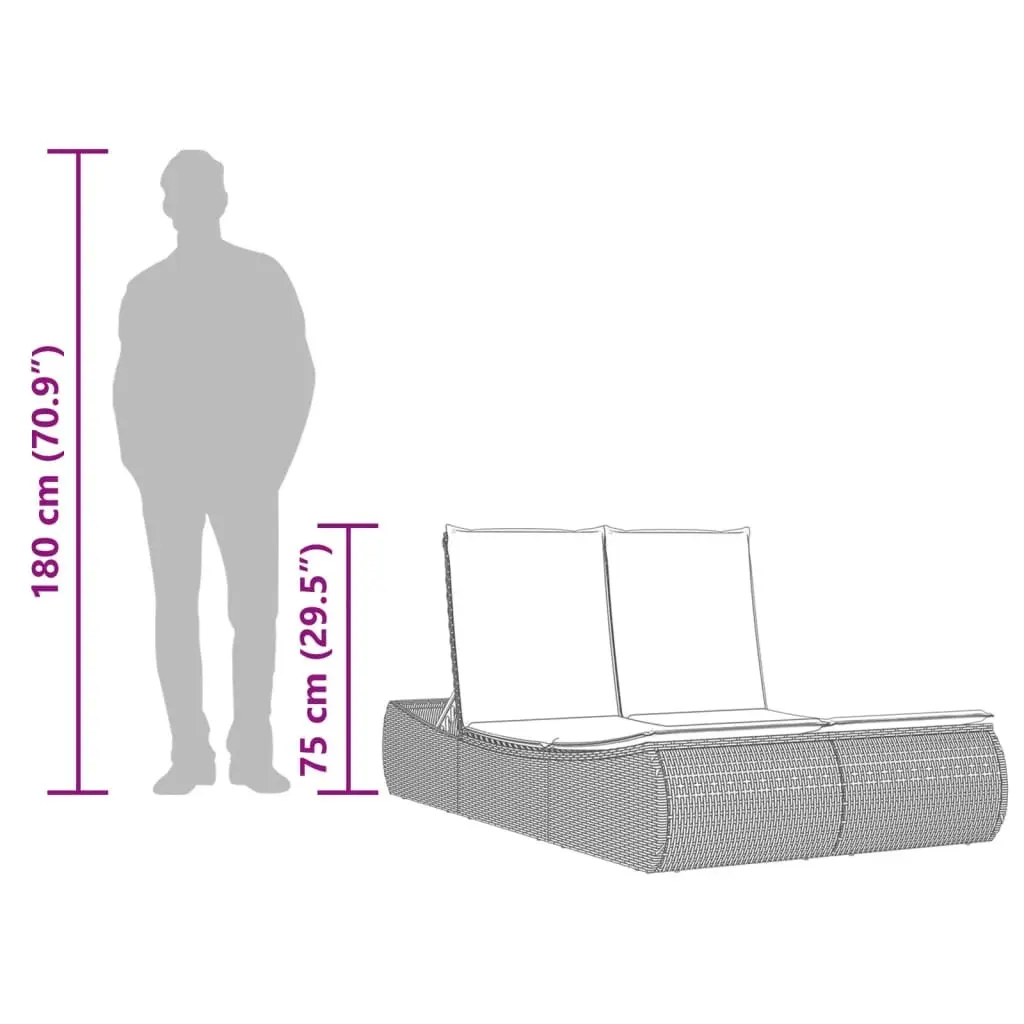 Double Sun Lounger Grey Poly Rattan Outdoor Furniture Adjustable Backrest
