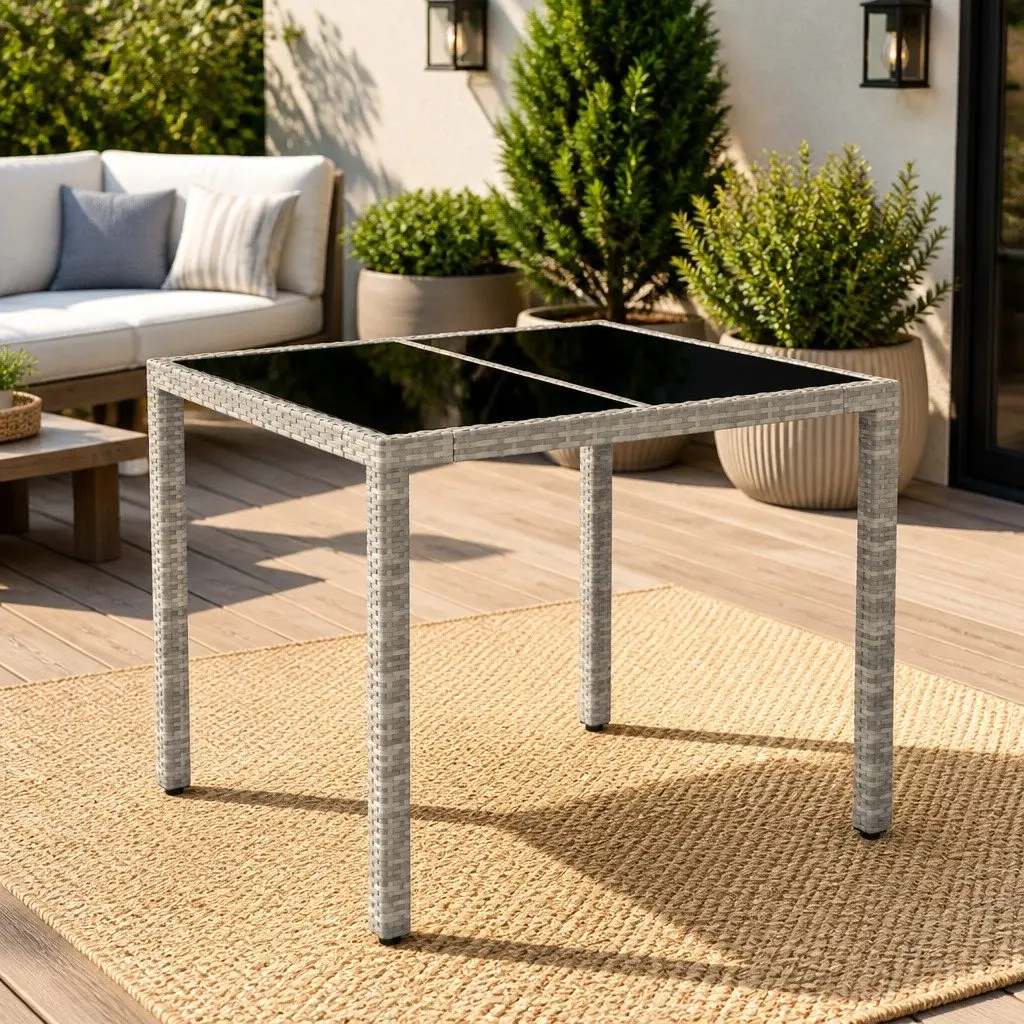 Grey Garden Table with Glass Top for Outdoor Fun