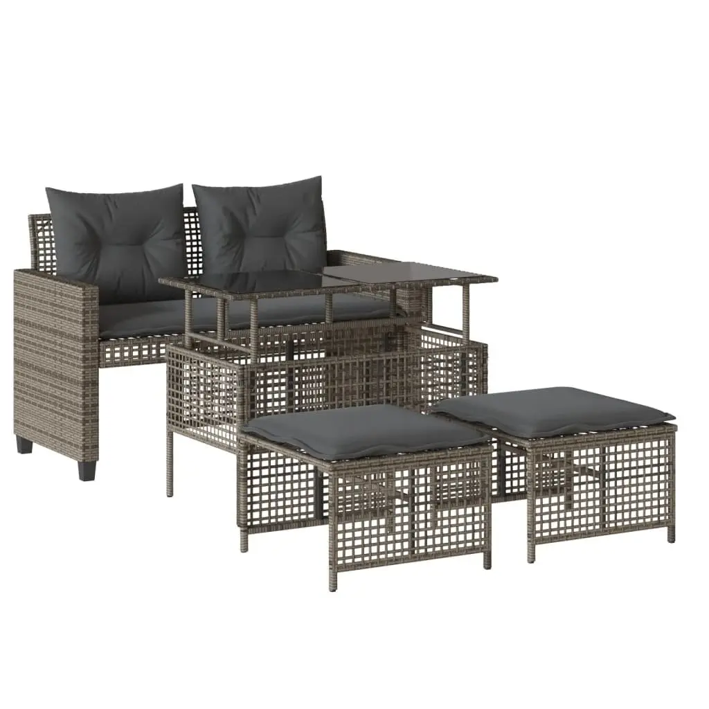 4 Piece Grey Poly Rattan Outdoor Sofa Set with Cushions and Glass Table for Patio