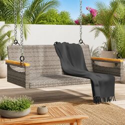 Outdoor Swing Bench Grey Poly Rattan Garden Hanging Seat Relaxation Furniture