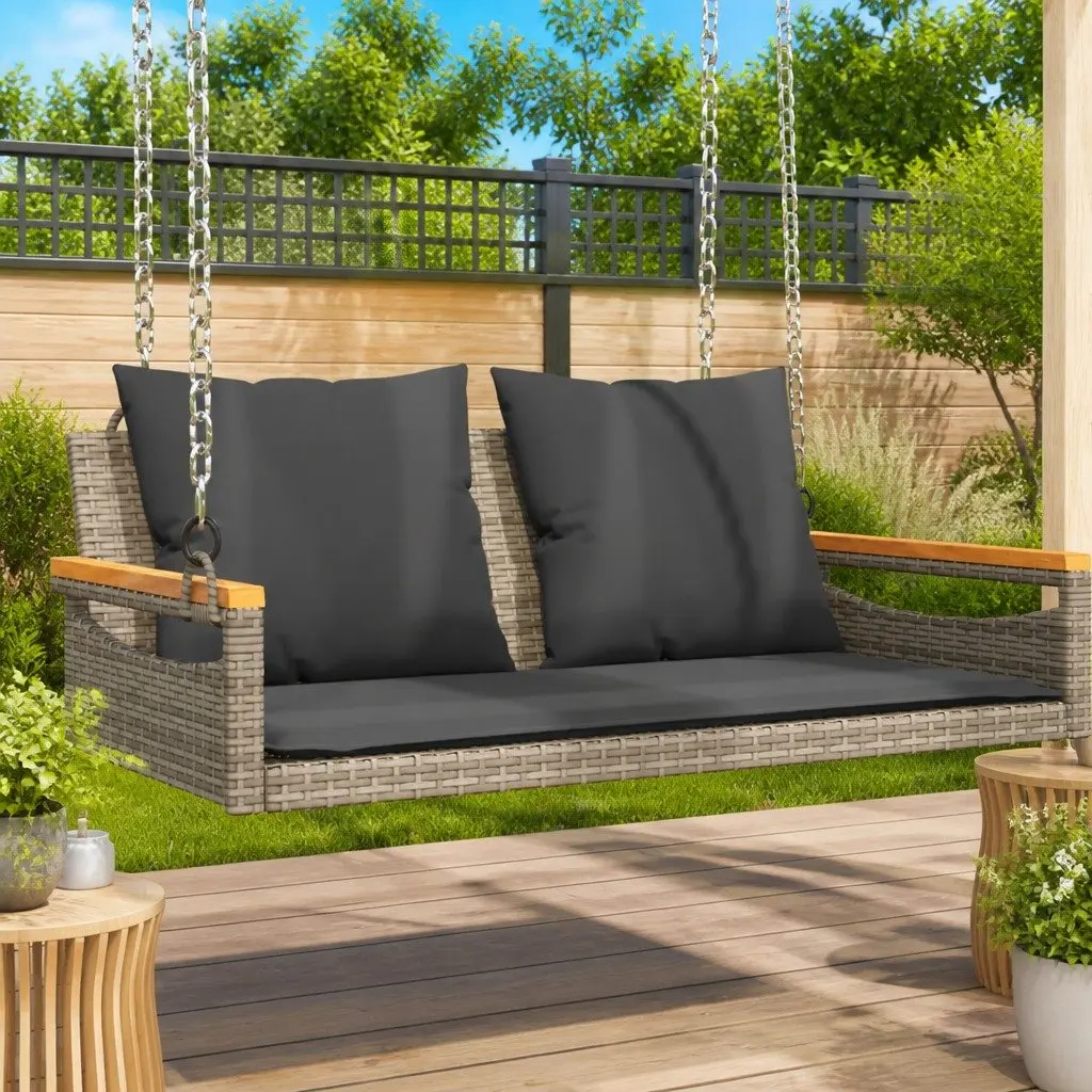 Outdoor Garden Swing Bench Grey with Padded Cushions Poly Rattan Construction and Powder-Coated Steel Frame