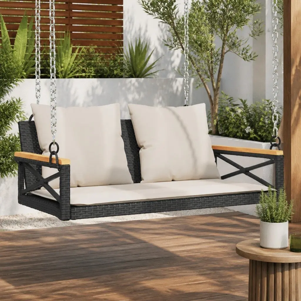 Swing Bench Black Outdoor Garden Seating Poly Rattan Cushions
