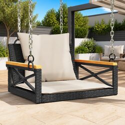 Swing Bench with Cushions Black Outdoor Seating Garden Hanging Chair Poly Rattan