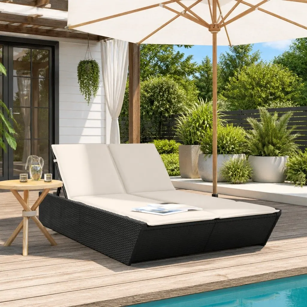 Double Sun Lounger Outdoor Garden Furniture Black Poly Rattan Adjustable