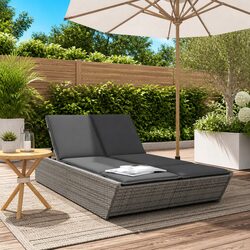 Double Sun Lounger Outdoor Seating Grey Adjustable Backrest Padded Cushions