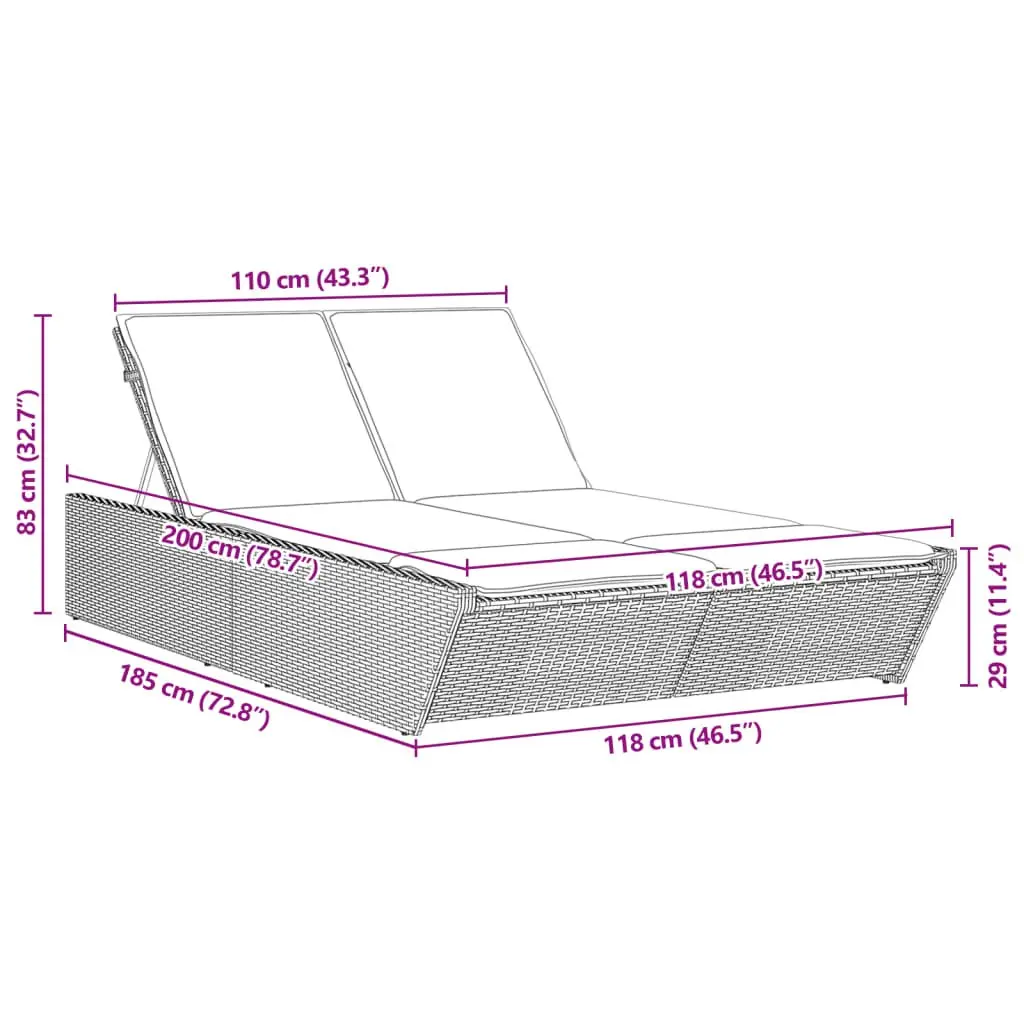 Double Sun Lounger Outdoor Seating Grey Adjustable Backrest Padded Cushions