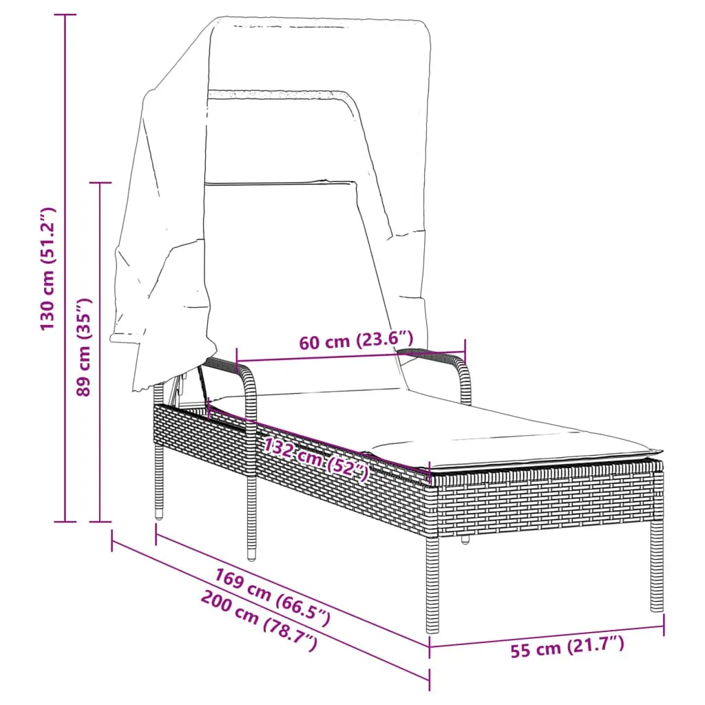 Sun Lounger with Retractable Canopy Adjustable Backrest Grey Outdoor Reclining