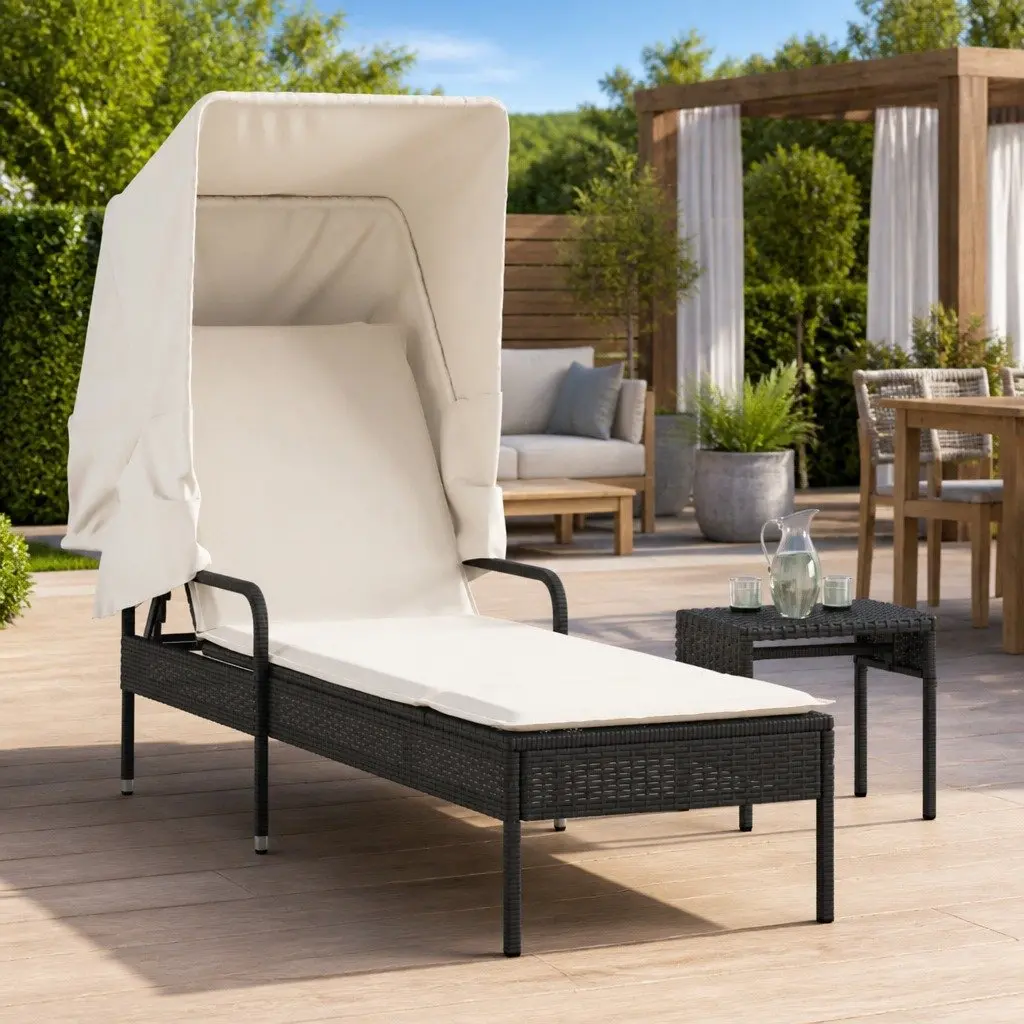 Sun Lounger Black Adjustable Backrest Retractable Canopy Integrated Tea Table