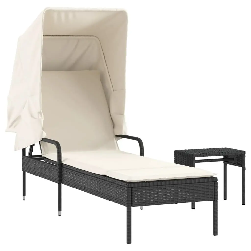 Sun Lounger Black Adjustable Backrest Retractable Canopy Integrated Tea Table
