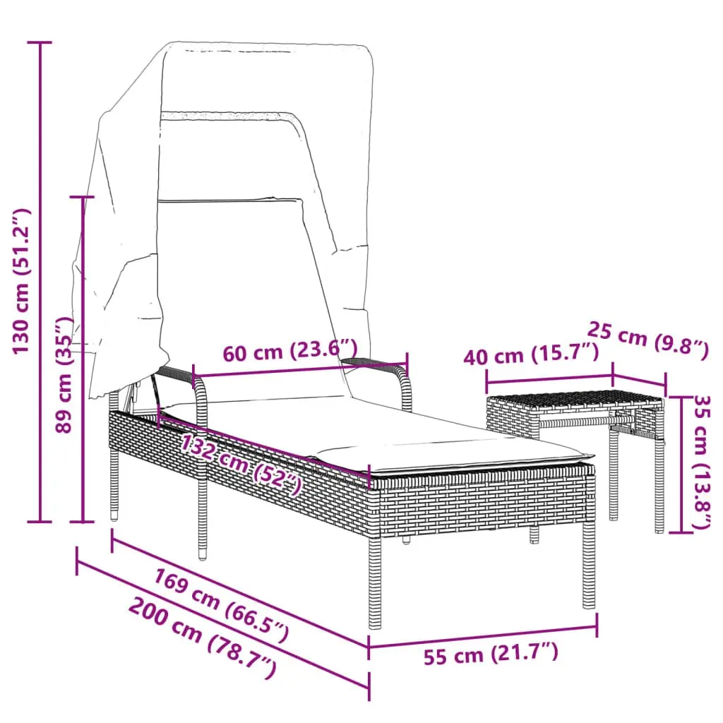 Sun Lounger Black Adjustable Backrest Retractable Canopy Integrated Tea Table