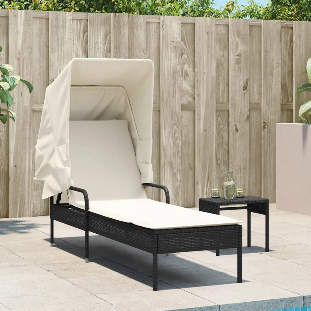 Sun Lounger Black Adjustable Backrest Retractable Canopy Integrated Tea Table