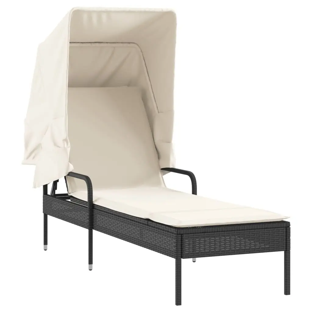 Sun Lounger Black Adjustable Backrest Retractable Canopy Integrated Tea Table