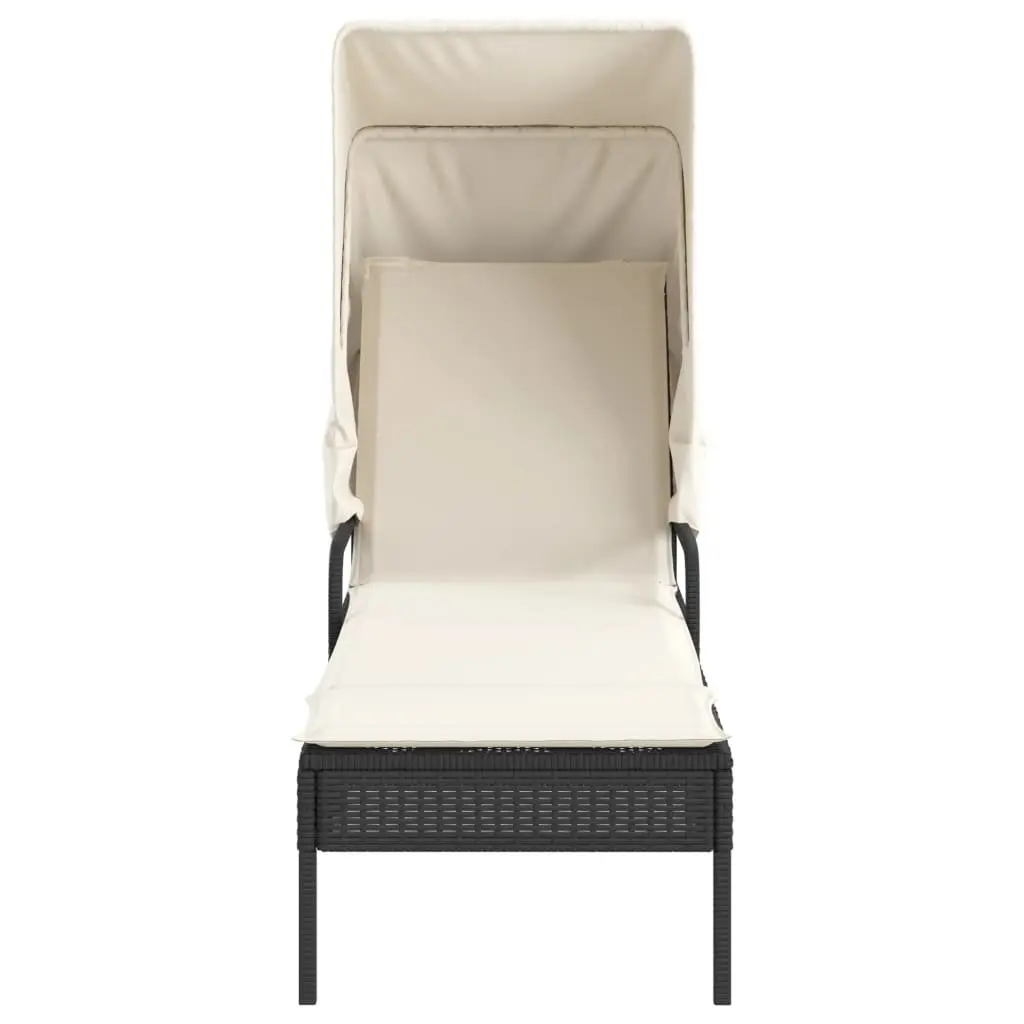 Sun Lounger Black Adjustable Backrest Retractable Canopy Integrated Tea Table