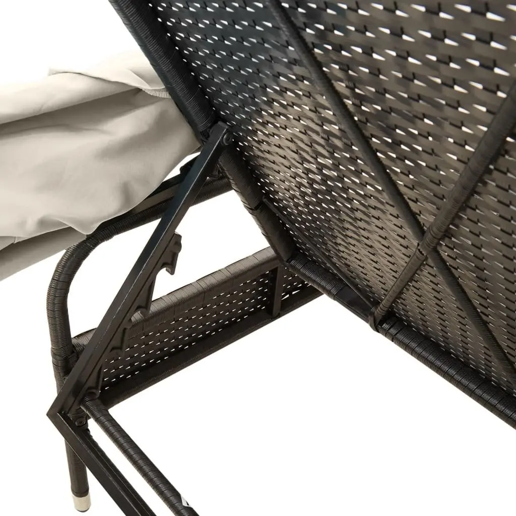 Sun Lounger Black Adjustable Backrest Retractable Canopy Integrated Tea Table