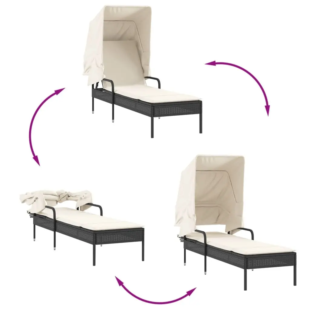 Sun Lounger Black Adjustable Backrest Retractable Canopy Integrated Tea Table