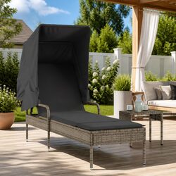 Sun Lounger with Canopy and Tea Table Adjustable Backrest Grey Outdoor