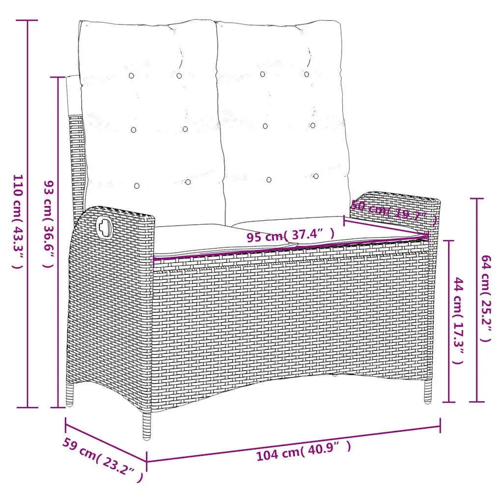 Reclining Garden Bench Black Adjustable Backrest with Cushions