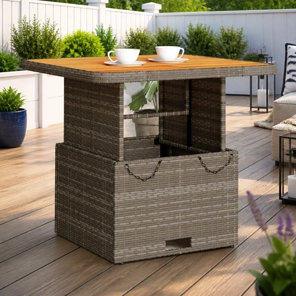 Garden Table Grey 80x80x71cm Adjustable Height PE Rattan Acacia Wood Top