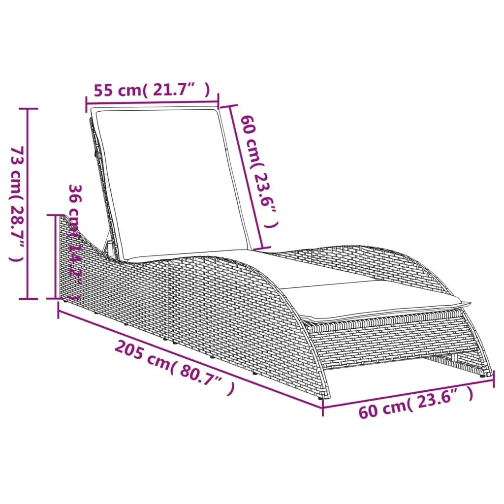 Sun Lounger Outdoor Garden Chair with Cushion Grey Adjustable Reclining Lounge