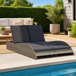 Sun Lounger with Cushions Grey Adjustable Backrest Outdoor Garden Furniture