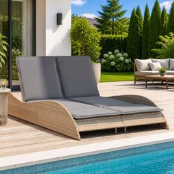 Sun Lounger with Cushions Beige Outdoor Furniture Adjustable Backrest Garden
