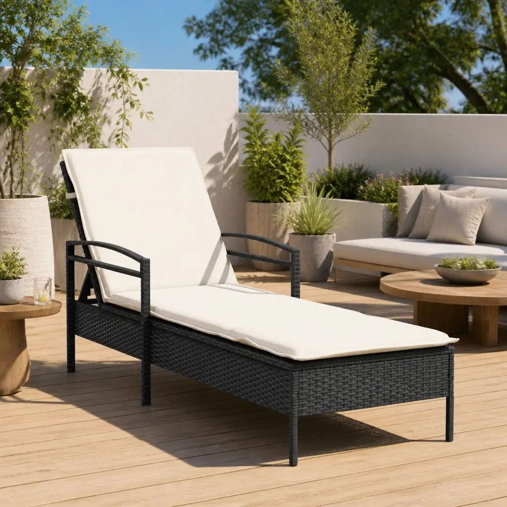 Sun Lounger Black Outdoor Reclining Chair Adjustable Backrest with Cushion