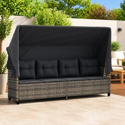 Sun Lounger with Retractable Canopy Cushions Grey Poly Rattan Outdoor Furniture