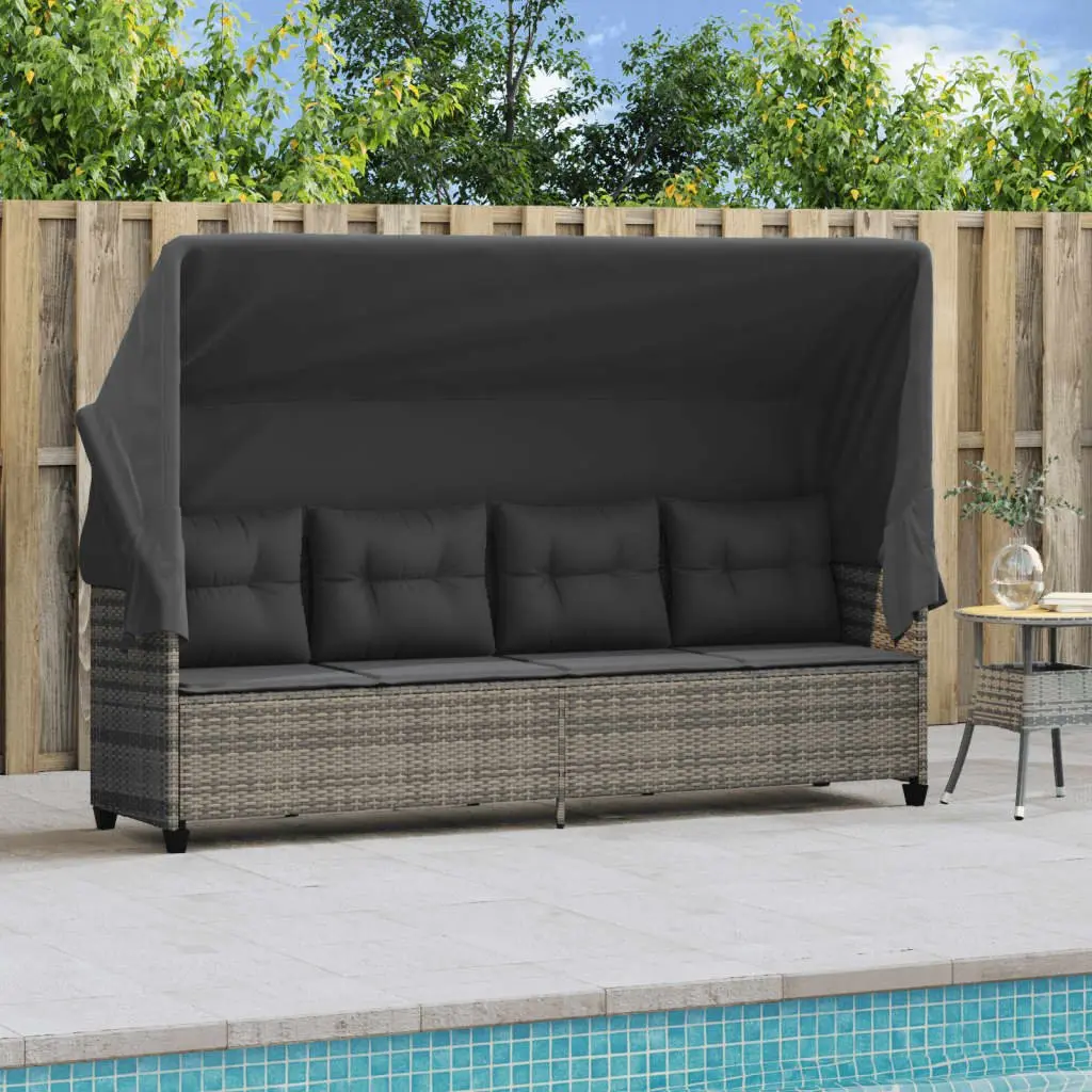 Sun Lounger with Retractable Canopy Cushions Grey Poly Rattan Outdoor Furniture
