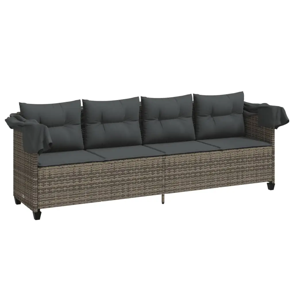 Sun Lounger with Retractable Canopy Cushions Grey Poly Rattan Outdoor Furniture